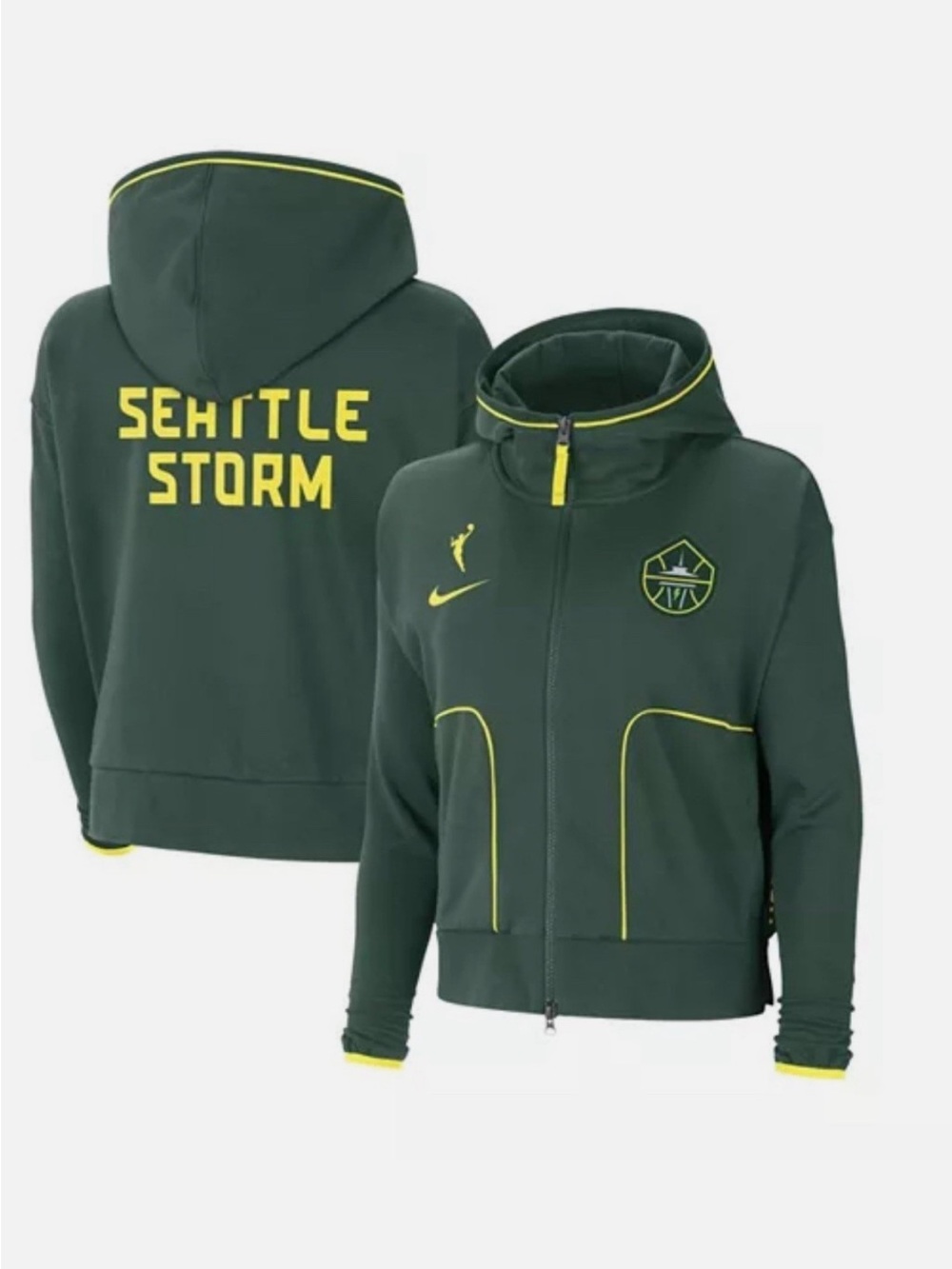 Nike Women's Seattle Storm Dark Green Hooded Varsity Jacket with Yellow Trim